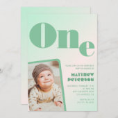 男の子の1歳誕生日招待状 緑 グラデーション フォト 招待状 (正面/裏面)