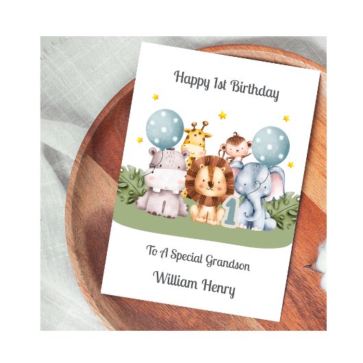男の子の1歳誕生日 サファリの葉の動物 カード