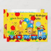 男の子の1歳誕生日　最初の列車　動物園の動物の写真 招待状 (正面/裏面)