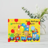 男の子の1歳誕生日　最初の列車　動物園の動物の写真 招待状 (スタンド正面)