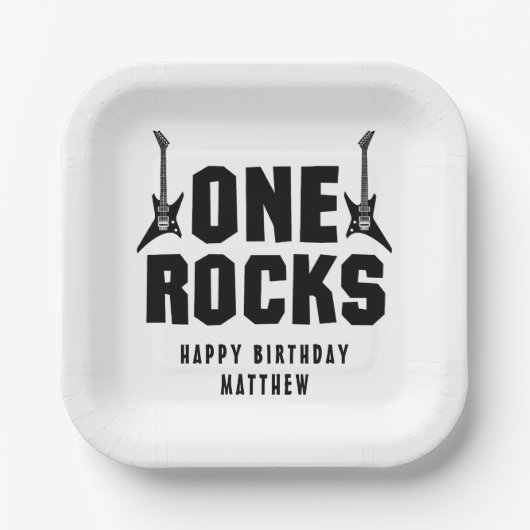 男の子の1歳誕生日 黒と白のワンロックスパーティー ペーパープレート (正面)