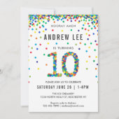 男の子の10歳の誕生日パーティー、基本色のコンフェッティ 招待状 (正面)
