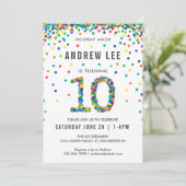 男の子の10歳の誕生日パーティー、基本色のコンフェッティ 招待状 (スタンド正面)