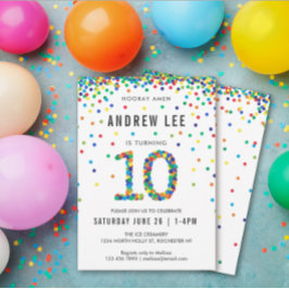 男の子の10歳の誕生日パーティー、基本色のコンフェッティ 招待状