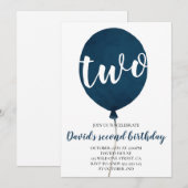 男の子の2歳誕生日 ネイビーブルーバルーン 招待状 (正面/裏面)