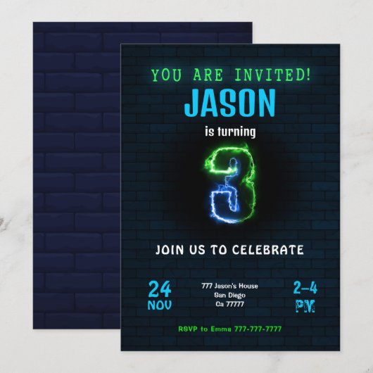 男の子の3歳誕生日パーティー招待状 招待状 (正面/裏面)