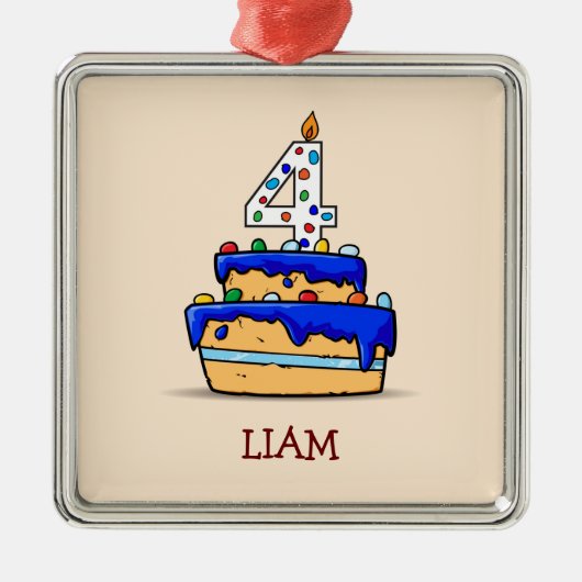 男の子の4歳の誕生日,スイートブルーケーキの4歳 メタルオーナメント (正面)