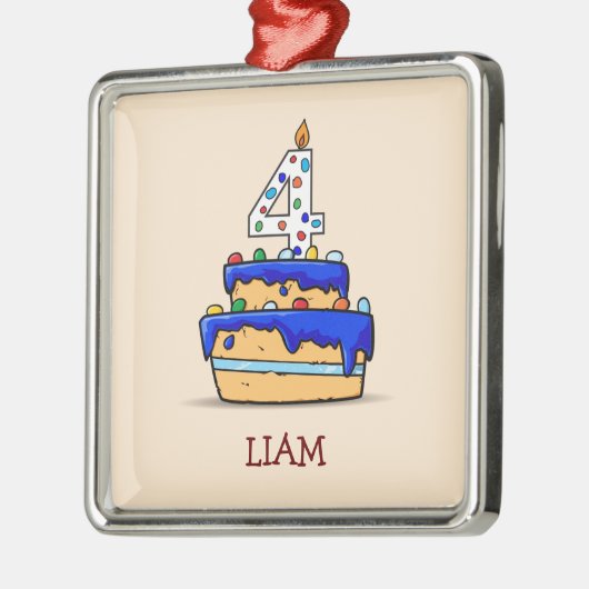 男の子の4歳の誕生日，スイートブルーケーキの4歳 メタルオーナメント (左)