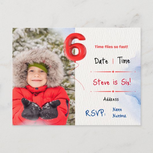 男の子の6回目の誕生日パーティーへの招待 インビテーションポストカード (正面)