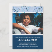 男の子の8歳の誕生日招待状 フォト ネイビーブルー 招待状 (正面)