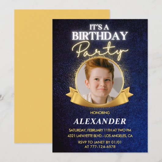 男の子の8歳誕生日招待状 エレガント おしゃれ フォト 招待状 (正面/裏面)