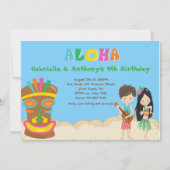 男の子の&GirlのTikiの誕生日の招待状を持つルアウ(ハワイ式宴会)のパーティー 招待状 (正面)