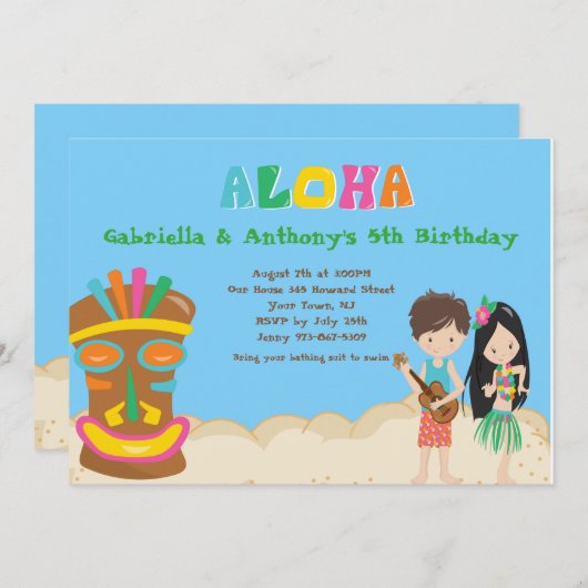 男の子の&GirlのTikiの誕生日の招待状を持つルアウ(ハワイ式宴会)のパーティー 招待状 (正面/裏面)