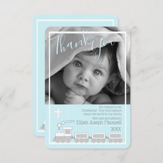 男の子のChoo Chooの《キリスト教》洗礼式や命名式の洗礼の写真は感謝していしています サンキューカード (正面/裏面)