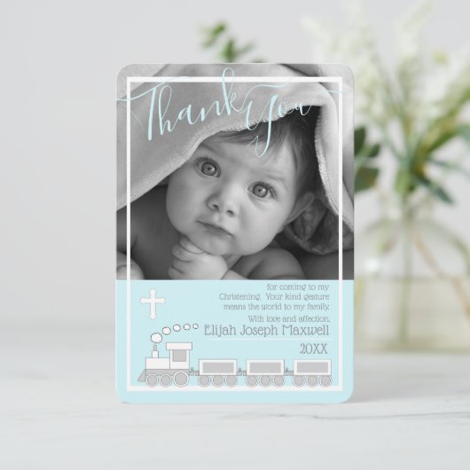 男の子のChoo Chooの《キリスト教》洗礼式や命名式の洗礼の写真は感謝していしています サンキューカード (スタンド正面)