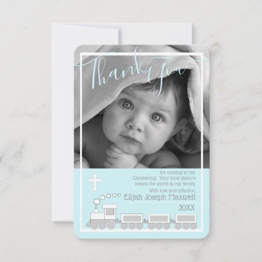 男の子のChoo Chooの《キリスト教》洗礼式や命名式の洗礼の写真は感謝していしています サンキューカード (正面)