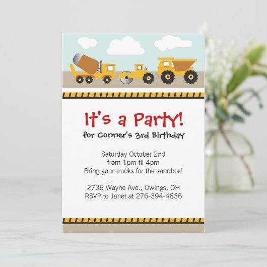 男の子のcontructionは招待をトラックで運びます 招待状 (スタンド正面)