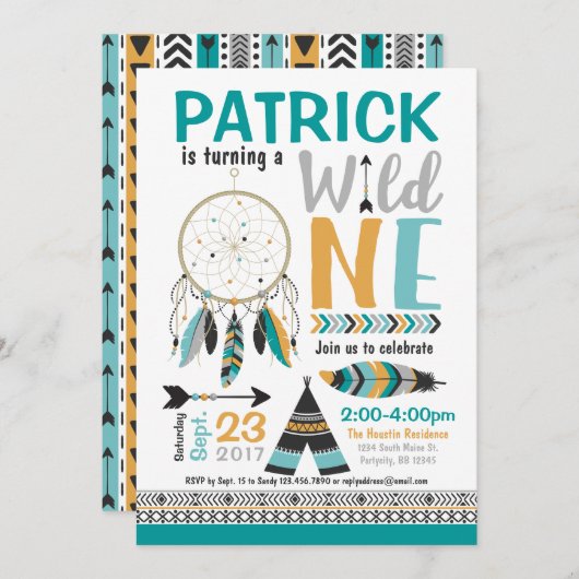 男の子のDreamcatcherの野生の1匹の第1誕生日の招待状 招待状 (正面/裏面)