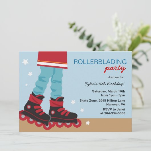男の子のRollerbladingのバースデーパーティ招待状 招待状 (スタンド正面)