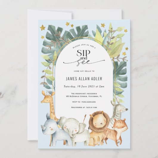 男の子のsipとサファリをテーマにした赤ちゃんシャワーを見る 招待状 (正面)