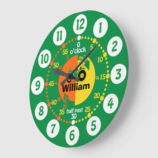 男の子は時間に緑の黄色いトラクターの時計を言うために学びます ラージ壁時計 (傾斜)