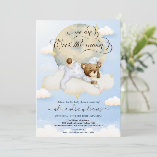 男の子は月の赤ん坊のシャワーの上に雲を持つ 招待状 (スタンド正面)