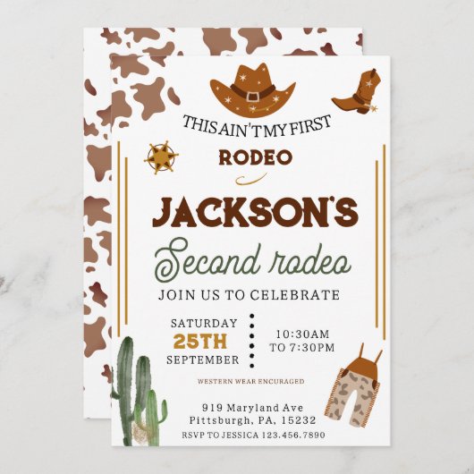 男の子は私の最初のロデオ・カウボーイの2番目の誕生日 招待状 (正面/裏面)