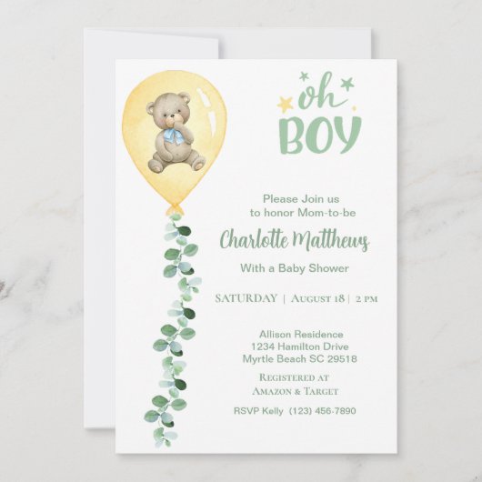男の子は黄色のバルーンeucalyptus赤ちゃんシャワー 招待状 (正面)
