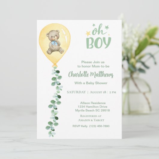 男の子は黄色のバルーンeucalyptus赤ちゃんシャワー 招待状 (スタンド正面)