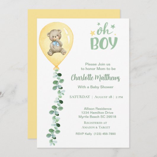 男の子は黄色のバルーンeucalyptus赤ちゃんシャワー 招待状 (正面/裏面)