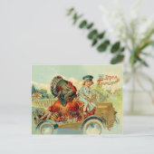 男の子は、感謝のクラシック車で七面鳥を運転 ポストカード (スタンド正面)