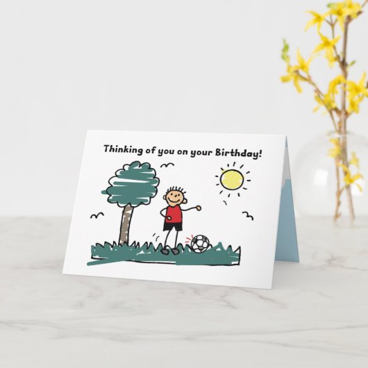 男の子へのサッカーの誕生日スティック外フィギュア カード (黄色い花)