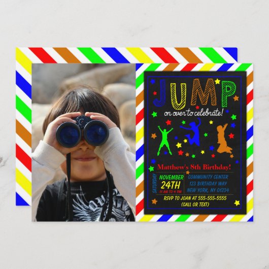 男の子へのフォトジャンプ誕生日パーティーへの招待 招待状 (正面/裏面)