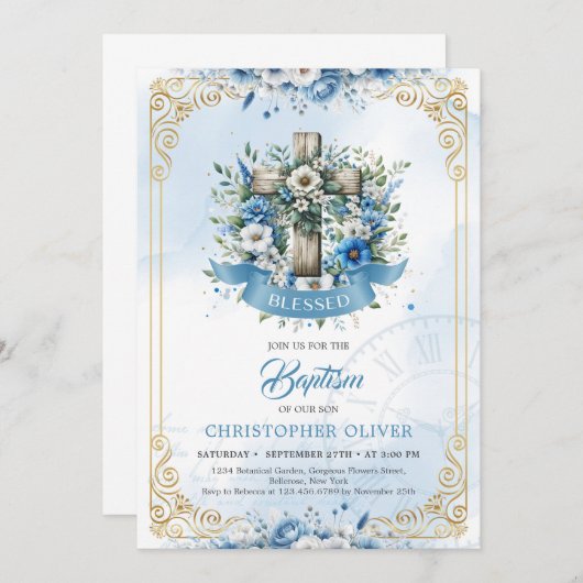 男の子への洗礼の招待 招待状 (正面/裏面)