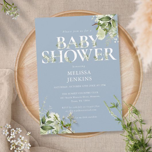 男の子ほこりっぽい青い緑の葉の文字の赤ちゃんシャワー 招待状