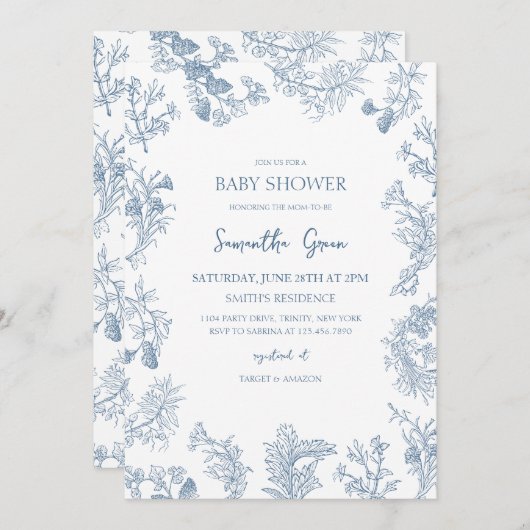 男の子ほこりっぽい青い陳腐な赤ちゃんシャワー 招待状 (正面/裏面)