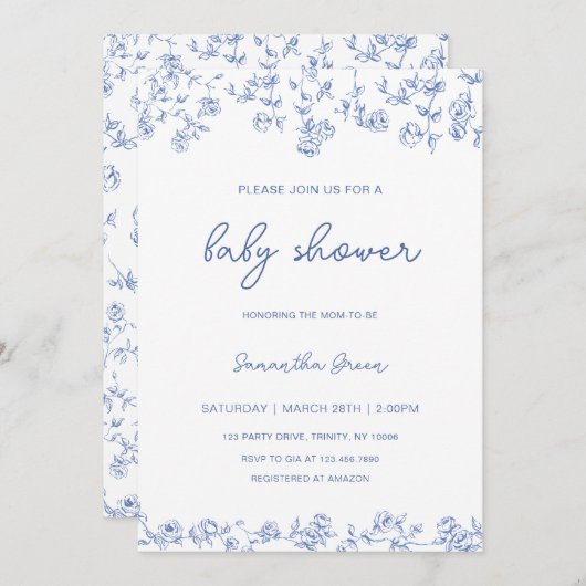 男の子ほこりっぽい青フローラチノイスリーベビーシャワー 招待状 (正面/裏面)