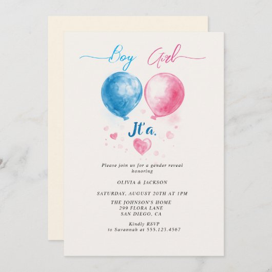 男の子または女の子とバルーン性別の表示パーティー 招待状 (正面/裏面)