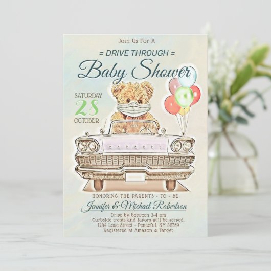 男の子または女の子のためのベビーシャワーをドライブ 招待状 (スタンド正面)