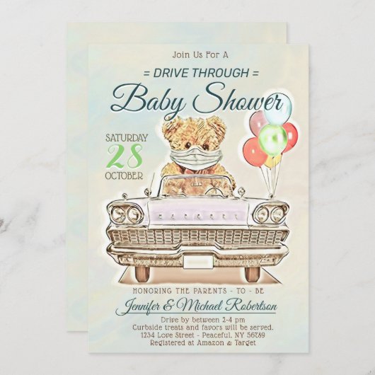男の子または女の子のためのベビーシャワーをドライブ 招待状 (正面/裏面)