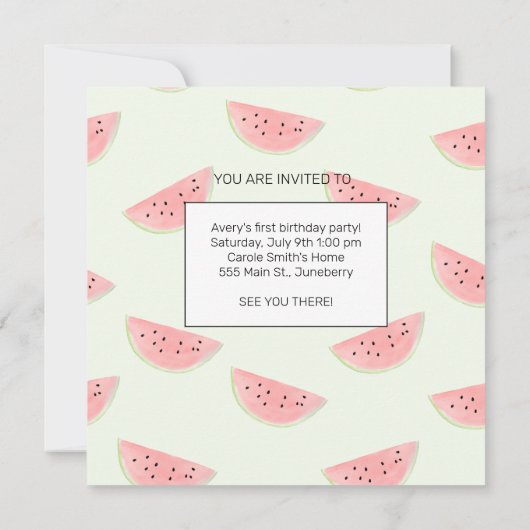 男の子または女の子のためのメロンファースト誕生日カードの1つ 招待状 (裏面)