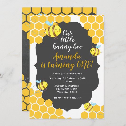 男の子または女の子のための小さい蜂の誕生日の招待状 招待状 (正面/裏面)