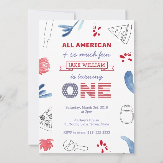 男の子または女の子のための最初の誕生日ピザパーティー 招待状 (正面)