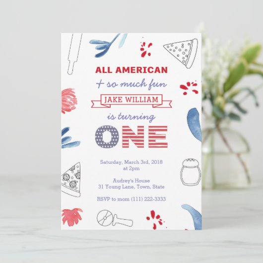 男の子または女の子のための最初の誕生日ピザパーティー 招待状 (スタンド正面)