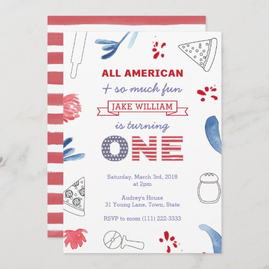 男の子または女の子のための最初の誕生日ピザパーティー 招待状 (正面/裏面)