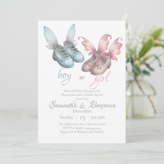 男の子または女の子のエレガント履物の性別を明らかにするパーティー 招待状 (スタンド正面)