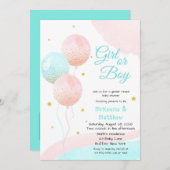 男の子または女の子のグリッターバルーンベビー性別の表示 招待状 (正面/裏面)