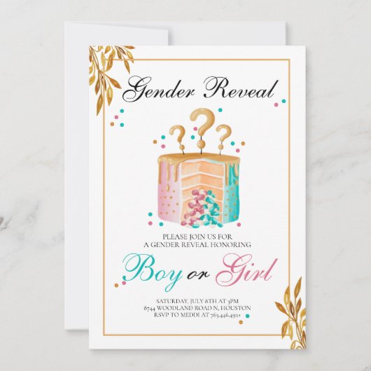 男の子または女の子のケーキ性別の表示 招待状 (正面)