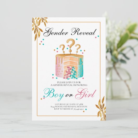 男の子または女の子のケーキ性別の表示 招待状 (スタンド正面)