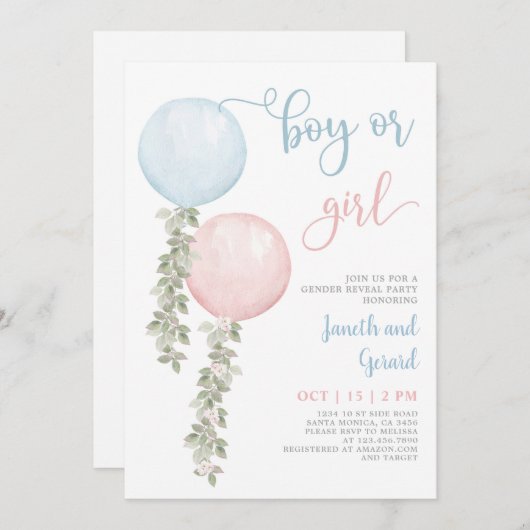 男の子または女の子のジェンダーが赤ちゃんのシャワーを明らかにする招待状 招待状 (正面/裏面)